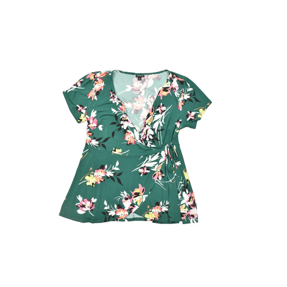 Torrid Women's Plus Size 0 Green Floral Print Wrap Dress Short Sleeve V-Neck - Picture 1 of 8